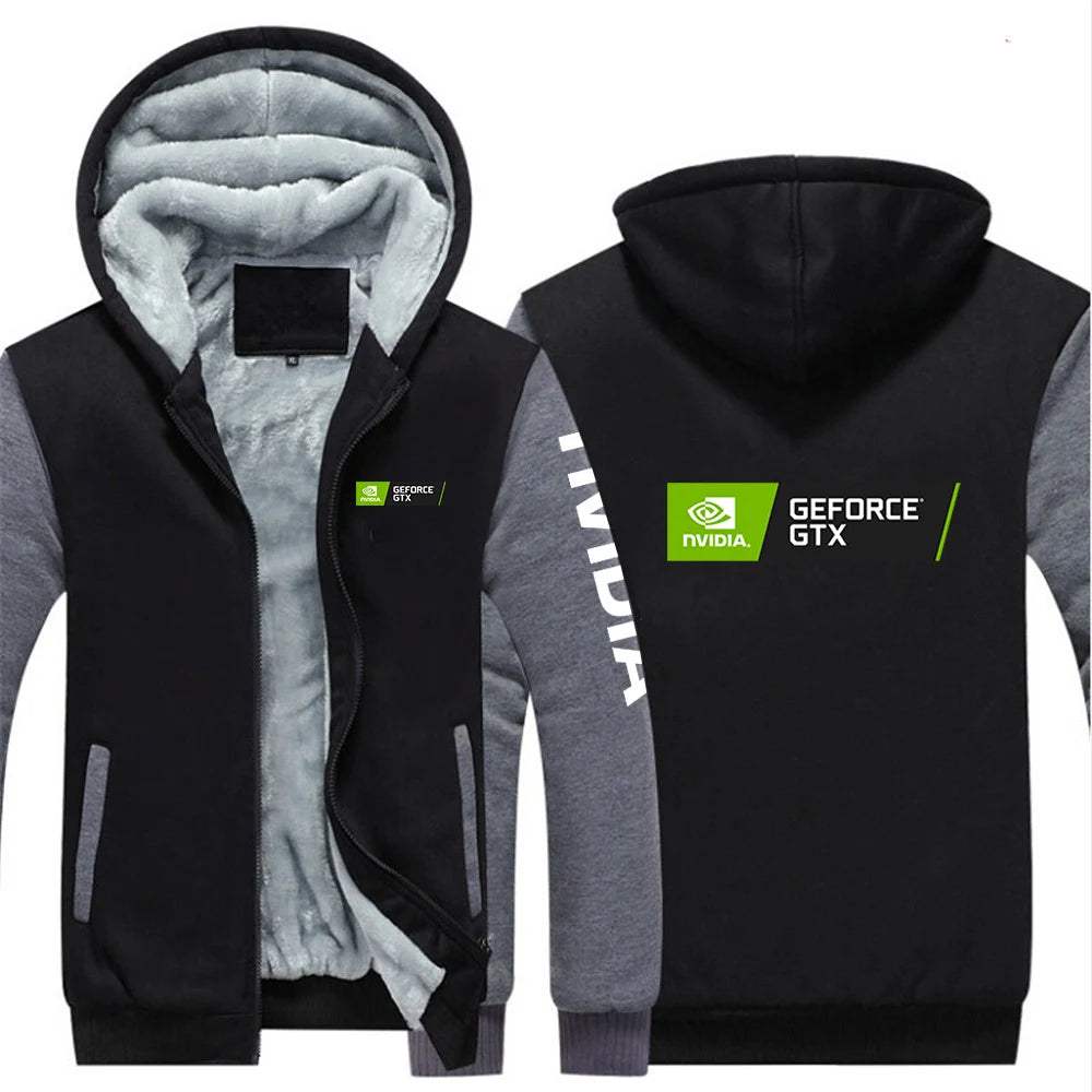 2025 Autumn Winter Men NVIDIA Logo Print Popular Patchwork Sleeve Cold Prevention Warm Coat Trendy Comfortable Thickened Hoodies