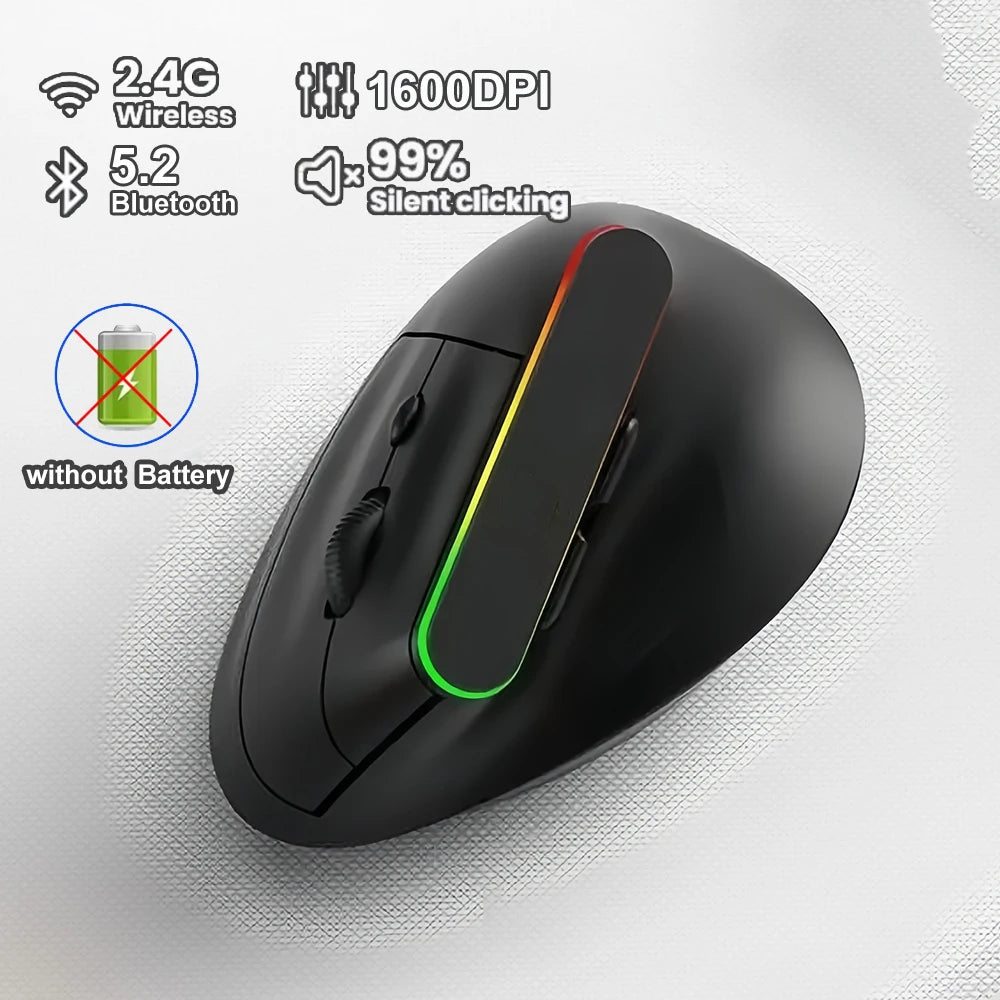 Dual Mode RGB Vertical Mouse — 2.4G Wireless + Bluetooth, Rechargeable, Silent, Ergonomic