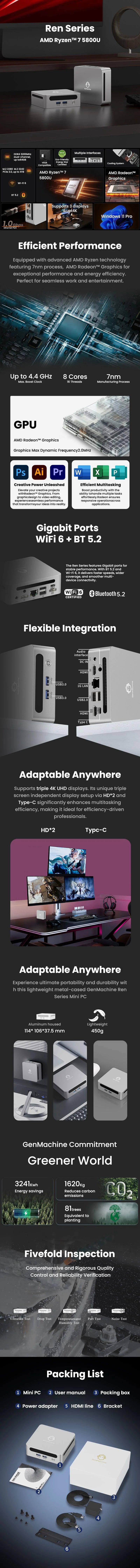 GenMachine Mini PC — AMD Ryzen 7 5800U, 16GB DDR4, 512GB SSD, WiFi 6, Windows 11