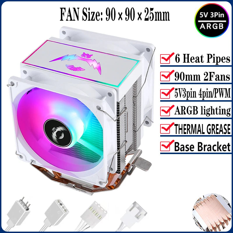 QiuzAim Tower Type Radiator Air-cooled 2/4/6 Heat Pipe CPU Cooler ARGB Fan 90mm Install LGA2011 2066 x99 115x 1200 1700 AM4 AM5