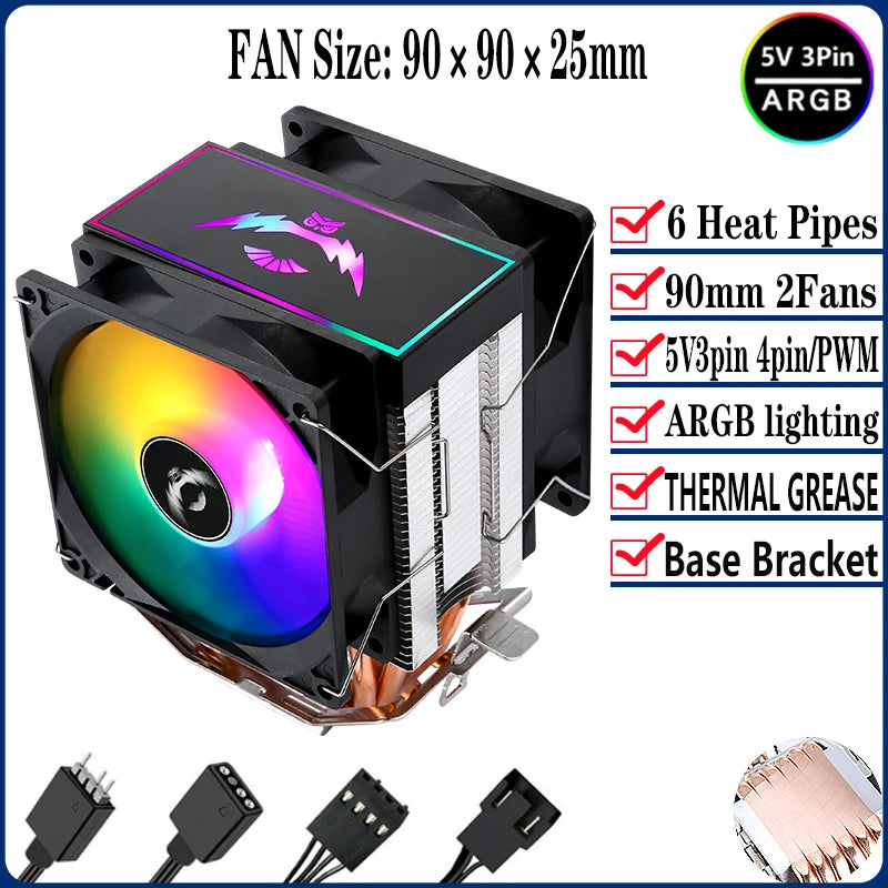 QiuzAim Tower Type Radiator Air-cooled 2/4/6 Heat Pipe CPU Cooler ARGB Fan 90mm Install LGA2011 2066 x99 115x 1200 1700 AM4 AM5