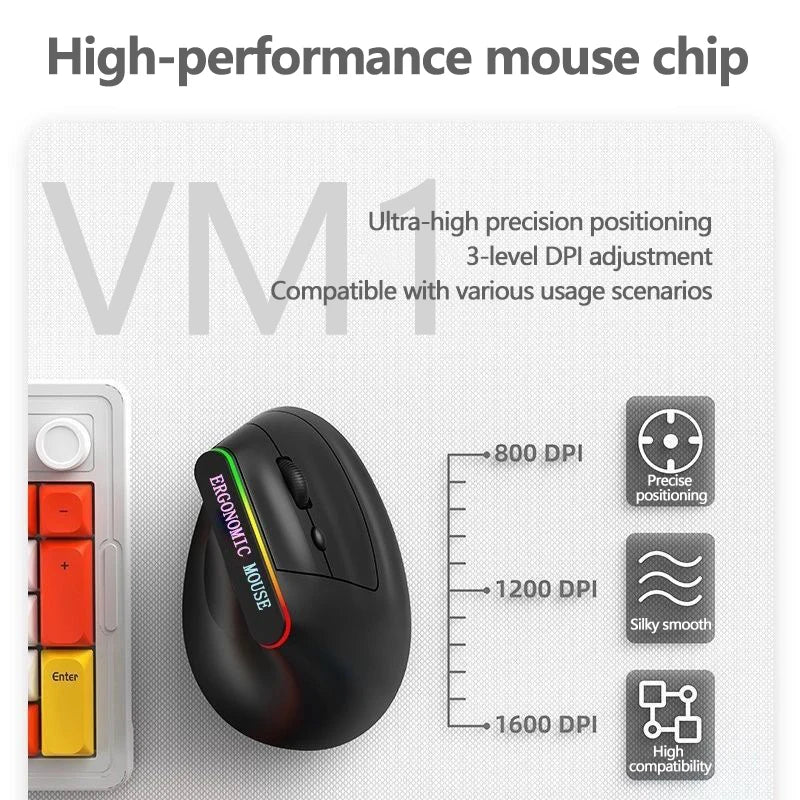 Warvank VM1 Vertical Wireless Mouse — Ergonomic, 1600 DPI, Rechargeable, Silent