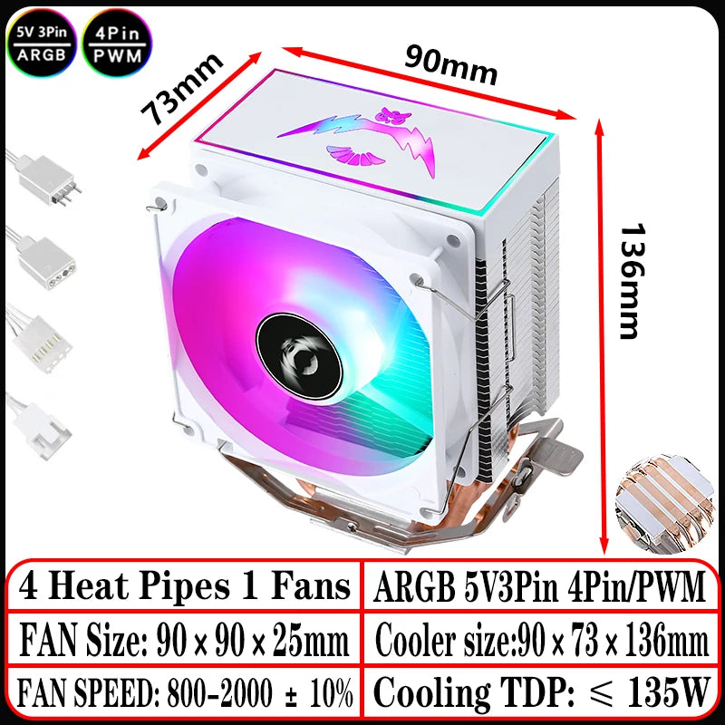 2/4/6 Heat Pipe CPU Cooler RGB Fans 90mm Air-Cooled Black and White Radiator for Install LGA1200 1700 1851 115X 2011 AM4 AM5 X99