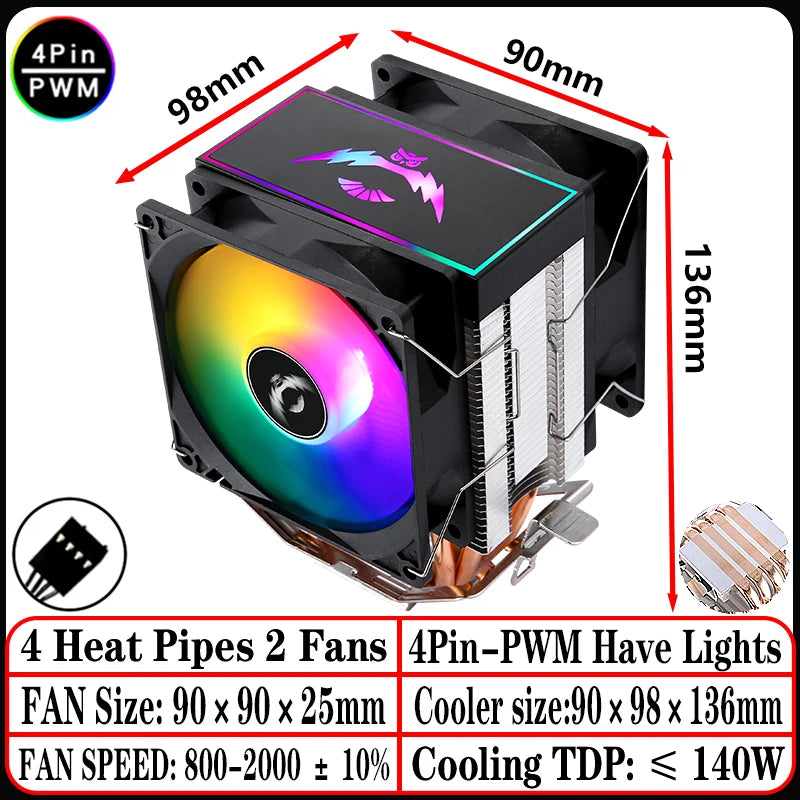 2/4/6 Heat Pipe CPU Cooler RGB Fans 90mm Air-Cooled Black and White Radiator for Install LGA1200 1700 1851 115X 2011 AM4 AM5 X99