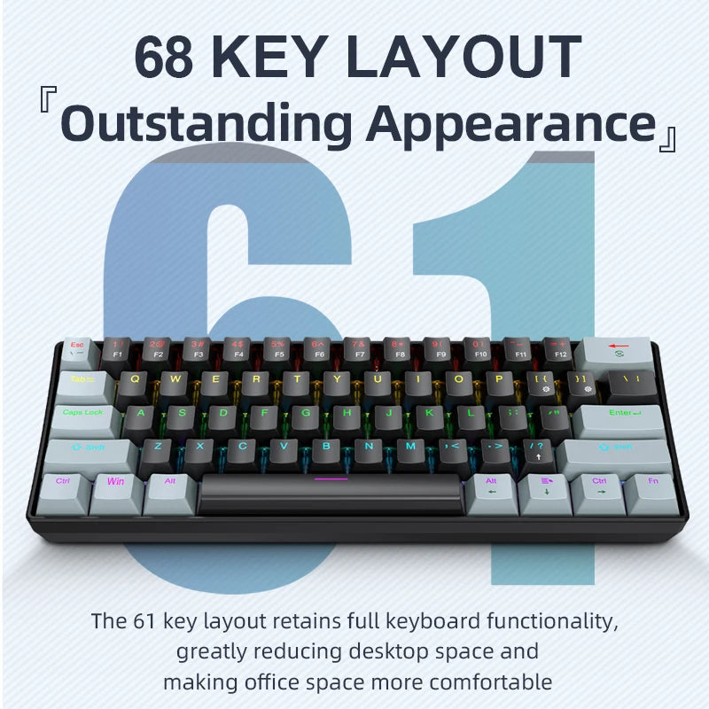 APAYADO K61 Mini Mechanical Keyboard,Wired,61 Keys,Phantom RGB, Black/White Red/Blue Mechanical Switch for Gaming,60% Portable