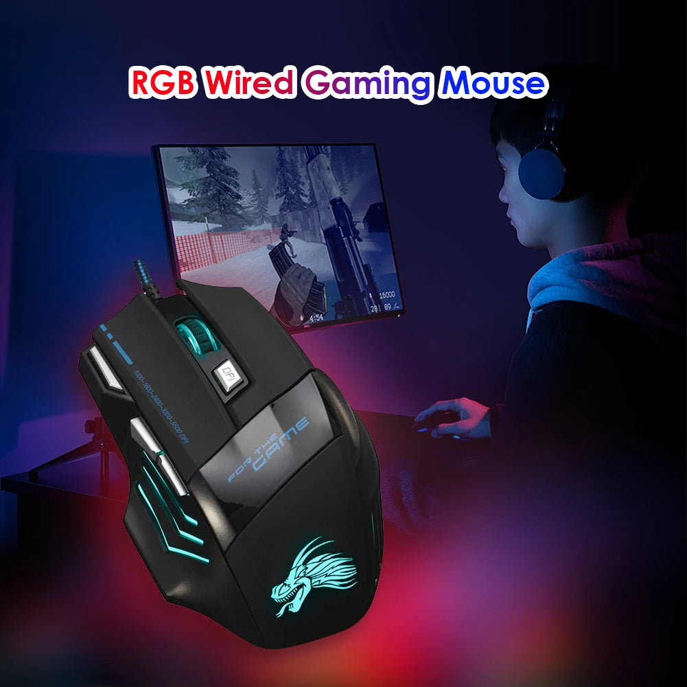 USB Wired Gaming Mouse — 7 Button, RGB Backlit, 5500 DPI
