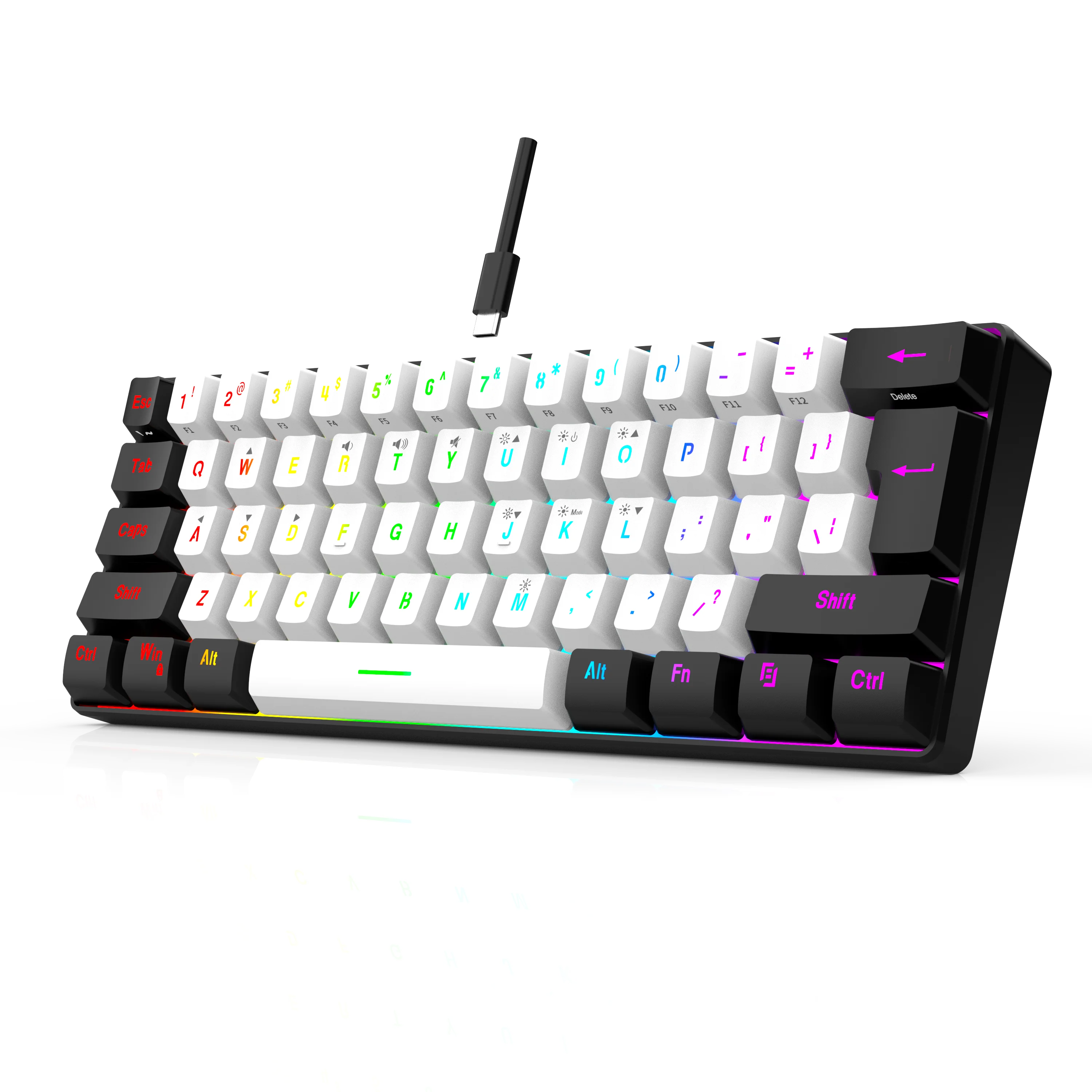 60% compact wired keyboard with 61 key membrane layout, RGB backlighting, ergonomic design, small and portable office computer