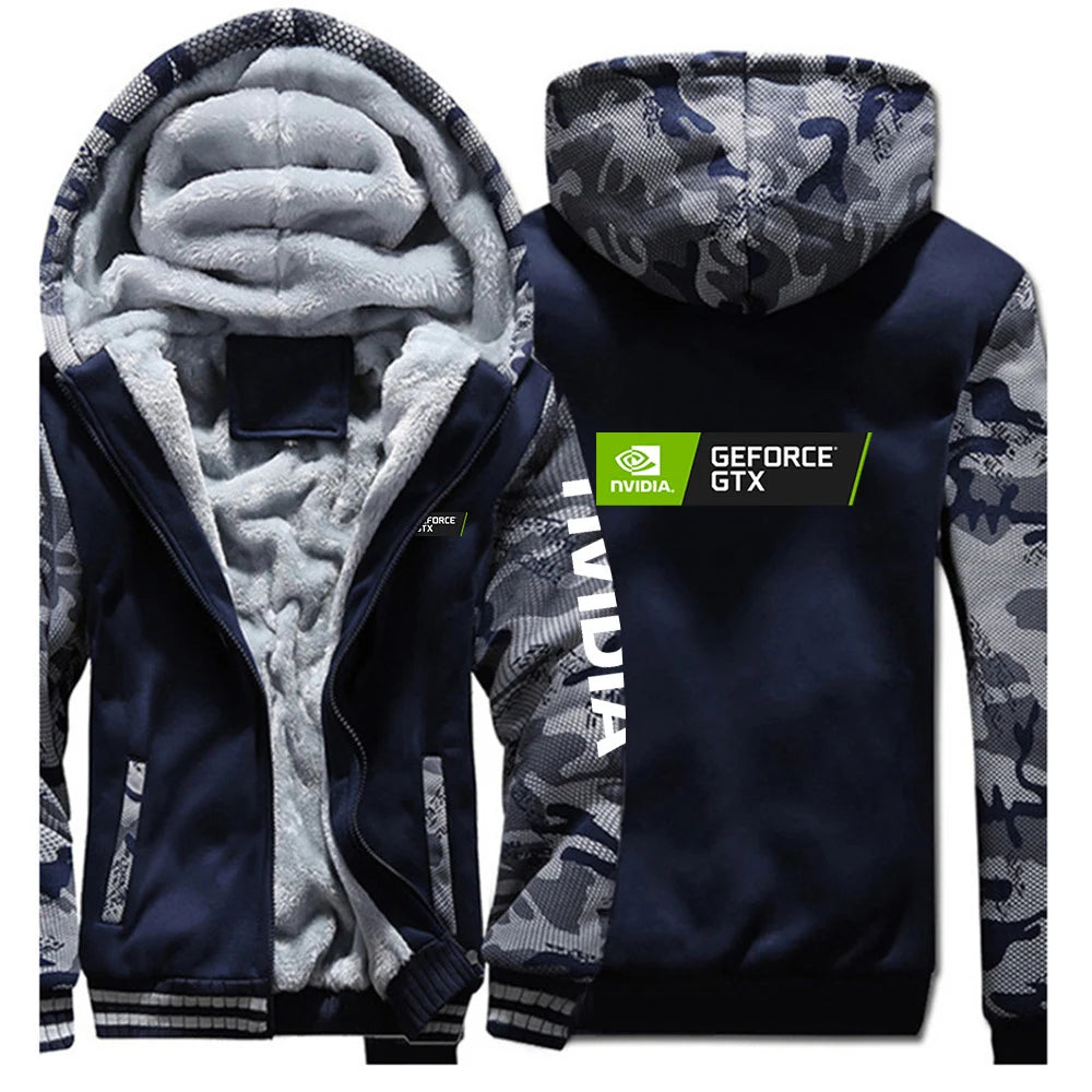 2025 Autumn Winter Men NVIDIA Logo Print Popular Patchwork Sleeve Cold Prevention Warm Coat Trendy Comfortable Thickened Hoodies