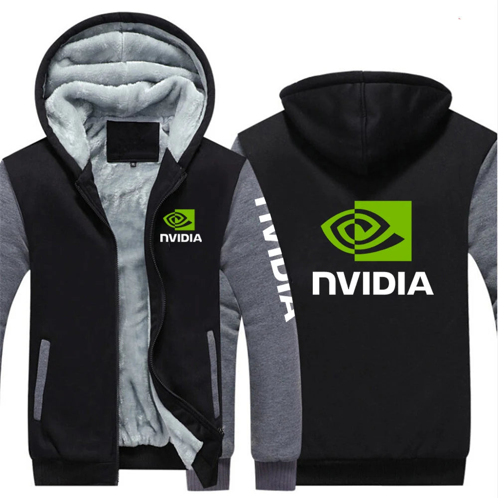 2025 Autumn Winter Men NVIDIA Logo Print Popular Patchwork Sleeve Cold Prevention Warm Coat Trendy Comfortable Thickened Hoodies