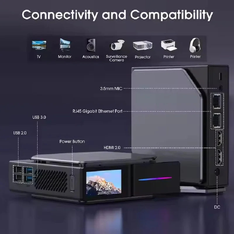 Intel 12th Gen Alder Lake N150 Mini PC M.2 NVMe SSD Mini Computer Gaming Computer LCD Screen Vertical Mini Tower