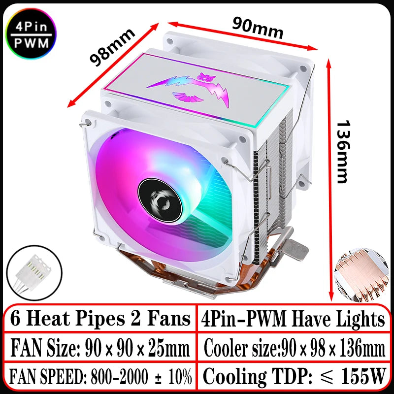 2/4/6 Heat Pipe CPU Cooler RGB Fans 90mm Air-Cooled Black and White Radiator for Install LGA1200 1700 1851 115X 2011 AM4 AM5 X99