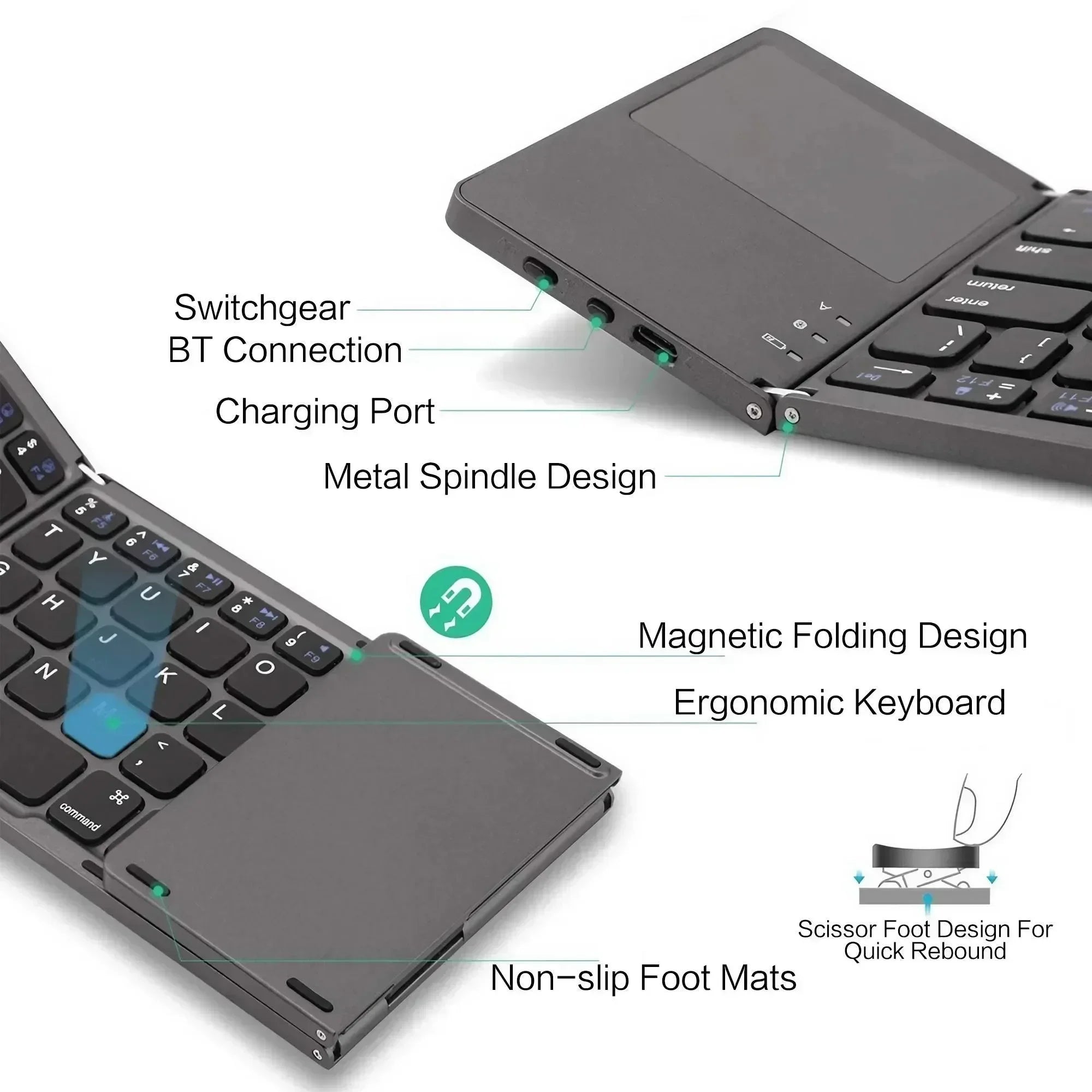Portable Bluetooth Keyboard for iPad Tablet Mobile Phone Tri-fold Touchpad Wireless External Keyboard Accessories