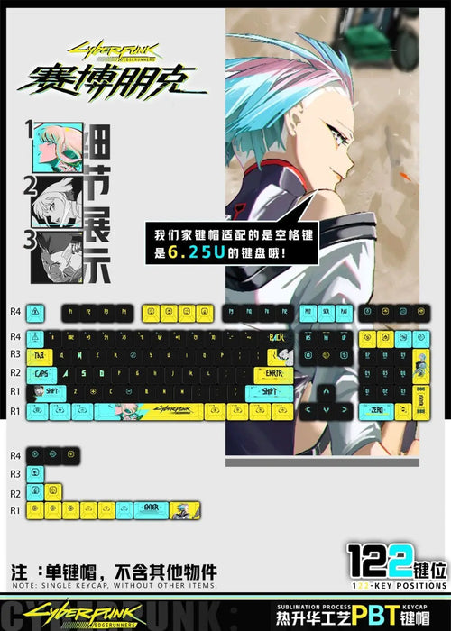 122 keys Cyberpunk: Edgerunners Keycaps Anime Game Chreey PBT Transparent KeyCap for Made68 Mad68 Wooting 60 Mechanical Keyboard