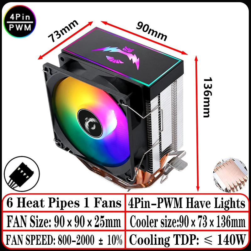 2/4/6 Heat Pipe CPU Cooler RGB Fans 90mm Air-Cooled Black and White Radiator for Install LGA1200 1700 1851 115X 2011 AM4 AM5 X99