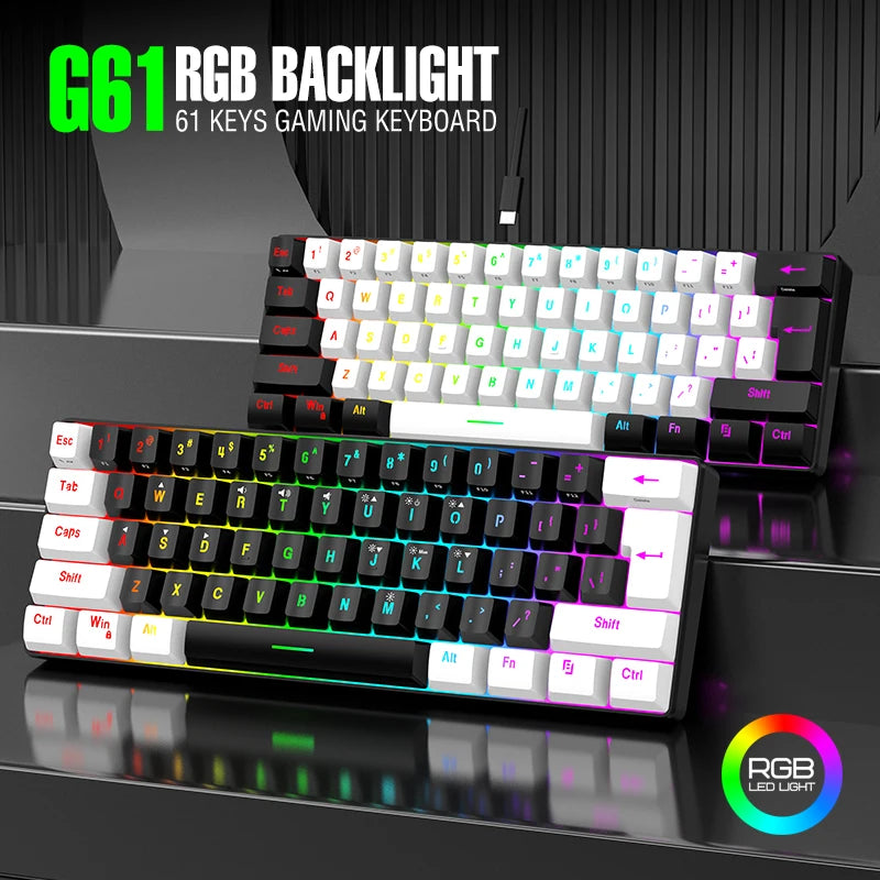 60% compact wired keyboard with 61 key membrane layout, RGB backlighting, ergonomic design, small and portable office computer