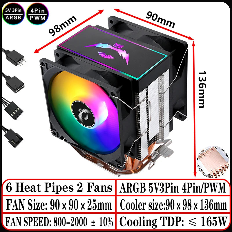 2/4/6 Heat Pipe CPU Cooler RGB Fans 90mm Air-Cooled Black and White Radiator for Install LGA1200 1700 1851 115X 2011 AM4 AM5 X99
