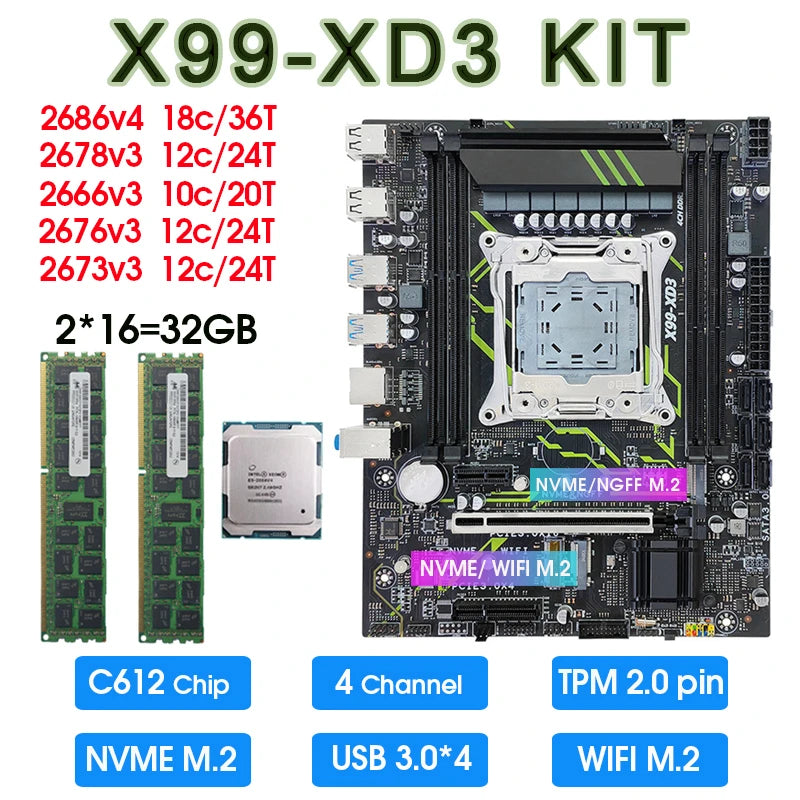 X99 DDR3 TPM 2.0 PIN Motherboard Combo kit Xeon E5 2673 2676 2666 2678 V3 2686 V4 CPU 32GB DDR3 1600MHZ Memory set c612 x99 kit