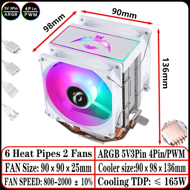 2/4/6 Heat Pipe CPU Cooler RGB Fans 90mm Air-Cooled Black and White Radiator for Install LGA1200 1700 1851 115X 2011 AM4 AM5 X99