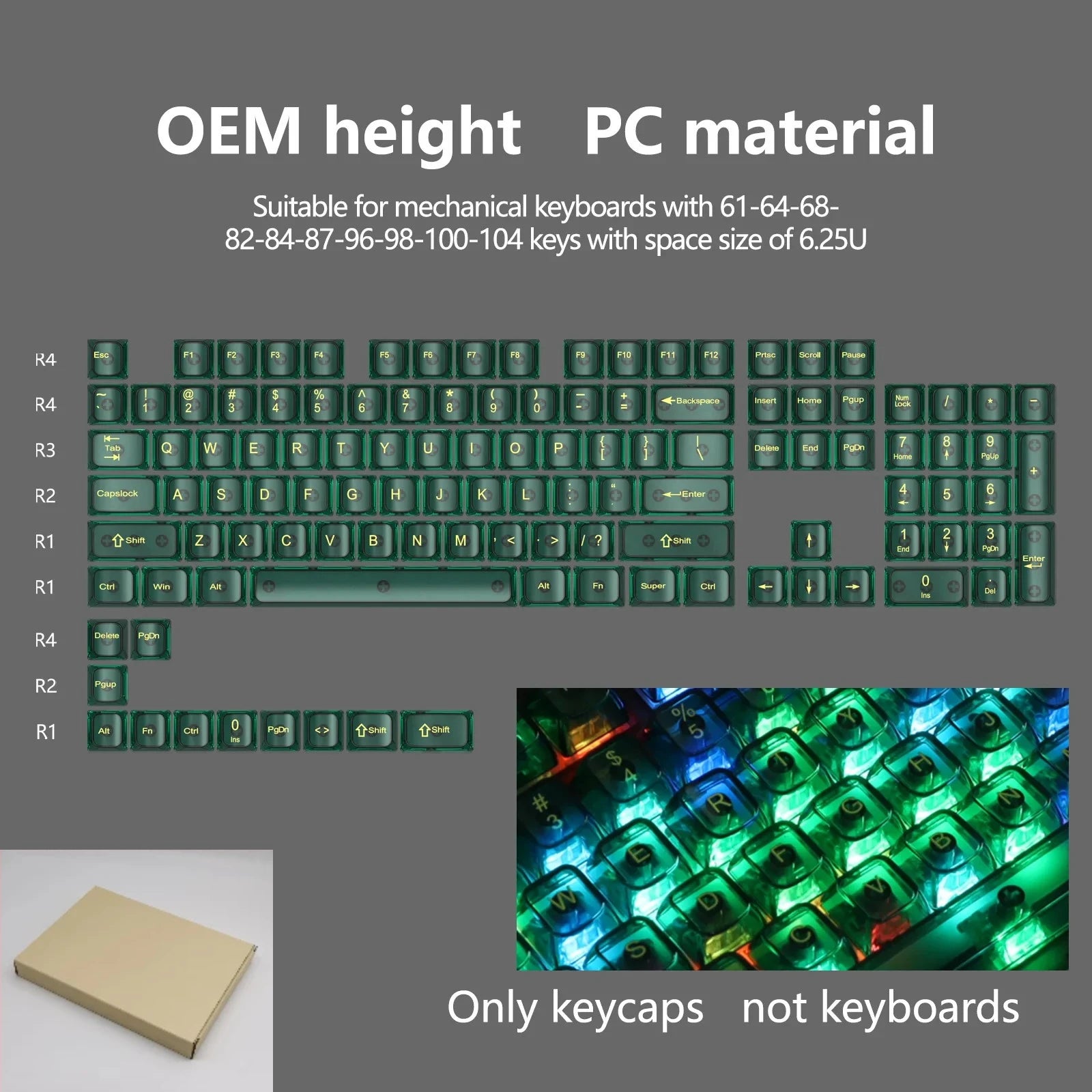 New 115 Key Translucent Keycaps PC PBT Keycaps Green Keycap MDA Profile for MX Switch Keycap for Mechanical Keyboard Game Keys