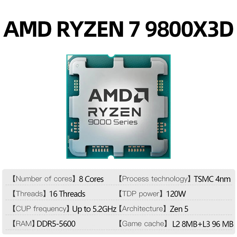 AMD Ryzen 7 9800X3D — 8-Core 16-Thread AM5 CPU, 5.2GHz, 96MB Cache, No Box