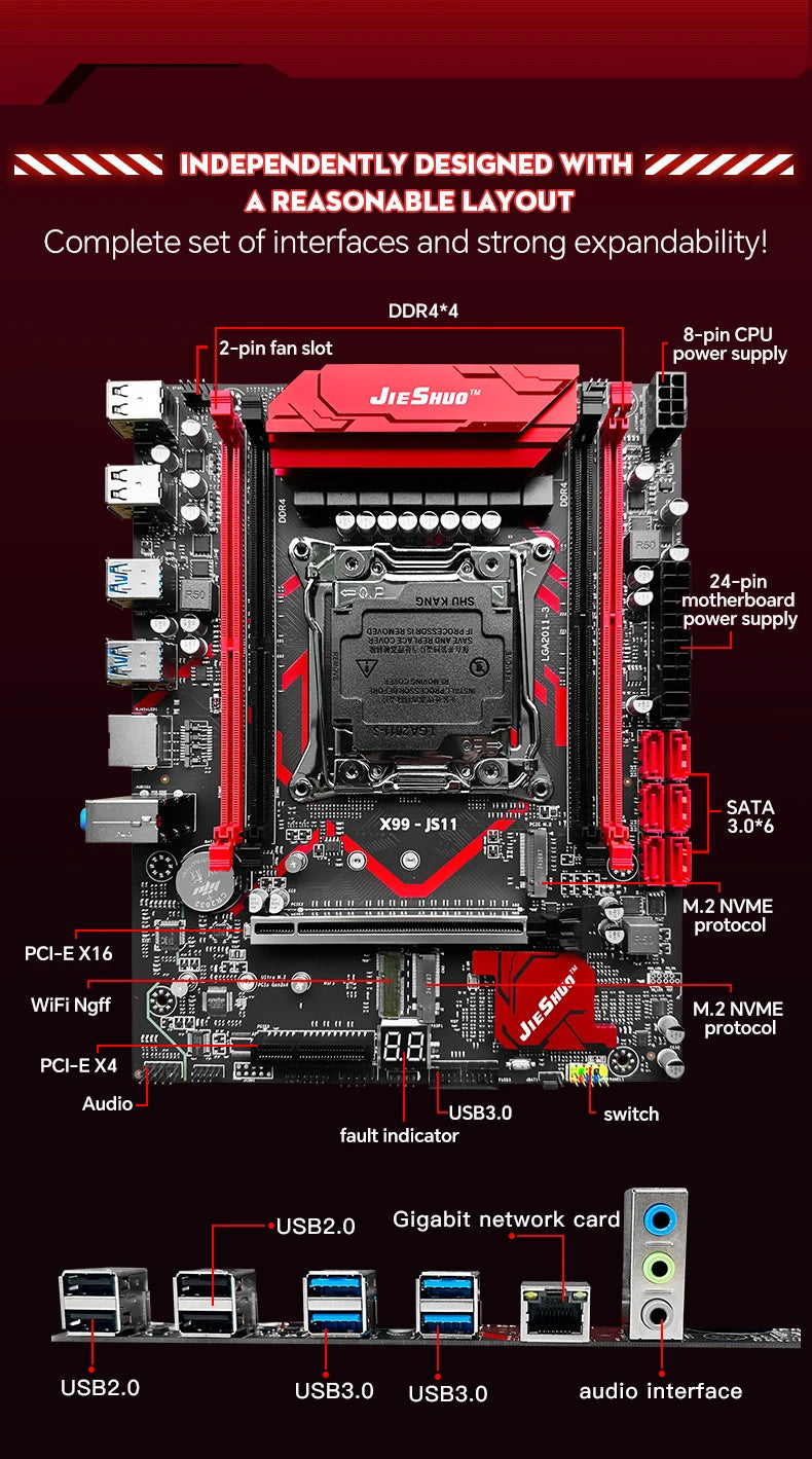 JIESHUO X99-JS11 Motherboard Set for Gaming with Xeon E5-2680 V4 Processor Compatible with DDR4 2133MHz Dual-Channel RAM & WiFi