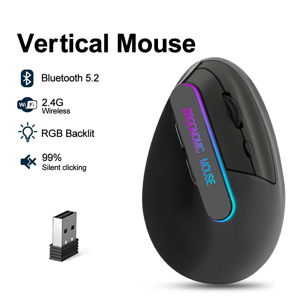 Dual Mode Vertical Ergonomic Mouse — RGB, Wireless 2.4G + Bluetooth, Rechargeable, Silent