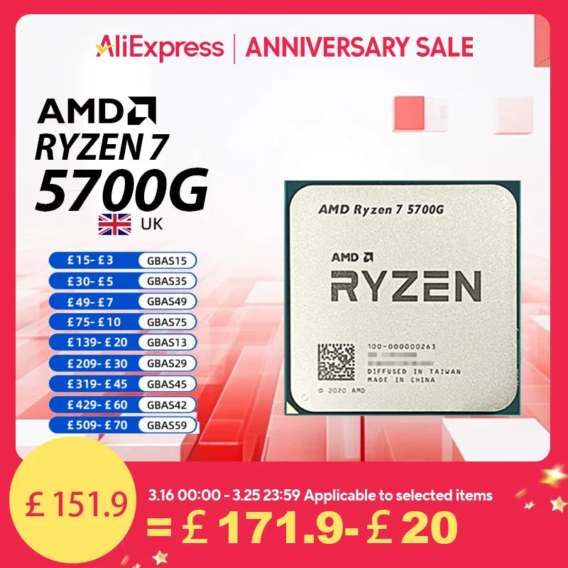 AMD Ryzen 7 5700G — 8-Core 16-Thread AM4 CPU, 3.8GHz / 4.6GHz, Radeon Graphics, 65W