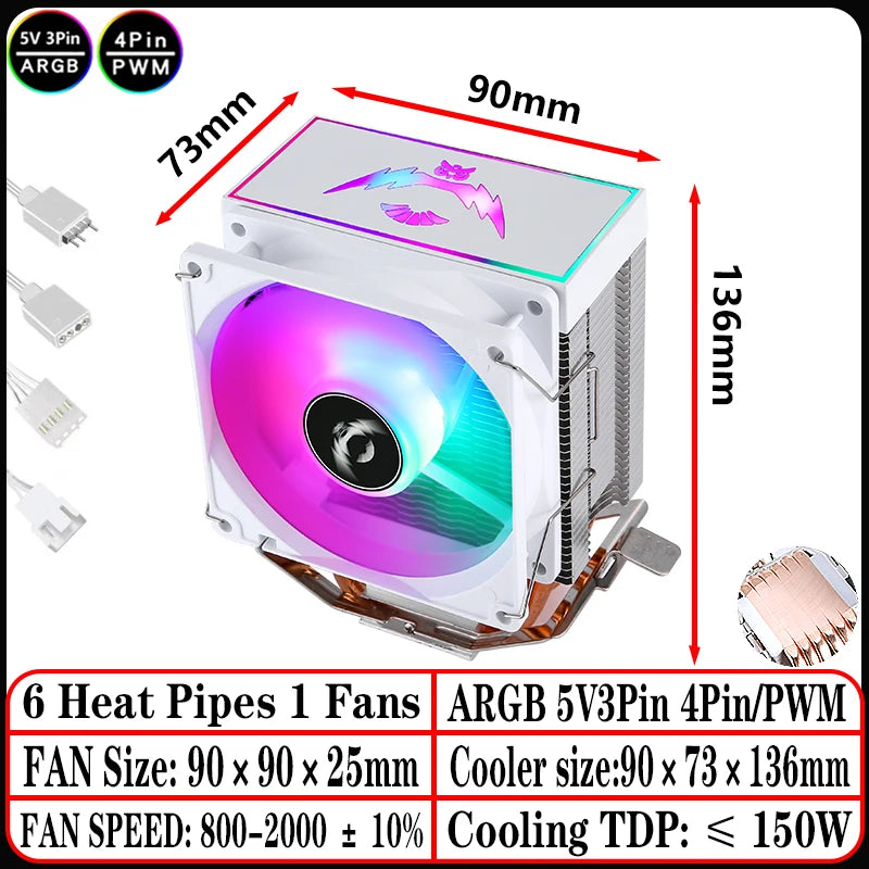 2/4/6 Heat Pipe CPU Cooler RGB Fans 90mm Air-Cooled Black and White Radiator for Install LGA1200 1700 1851 115X 2011 AM4 AM5 X99